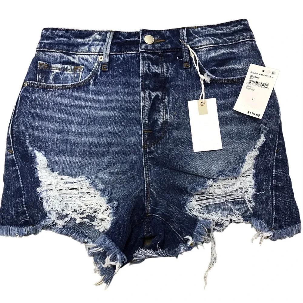 Good American bombshell cutoff denim shorts blue distressed high waisted Sz 0/25
